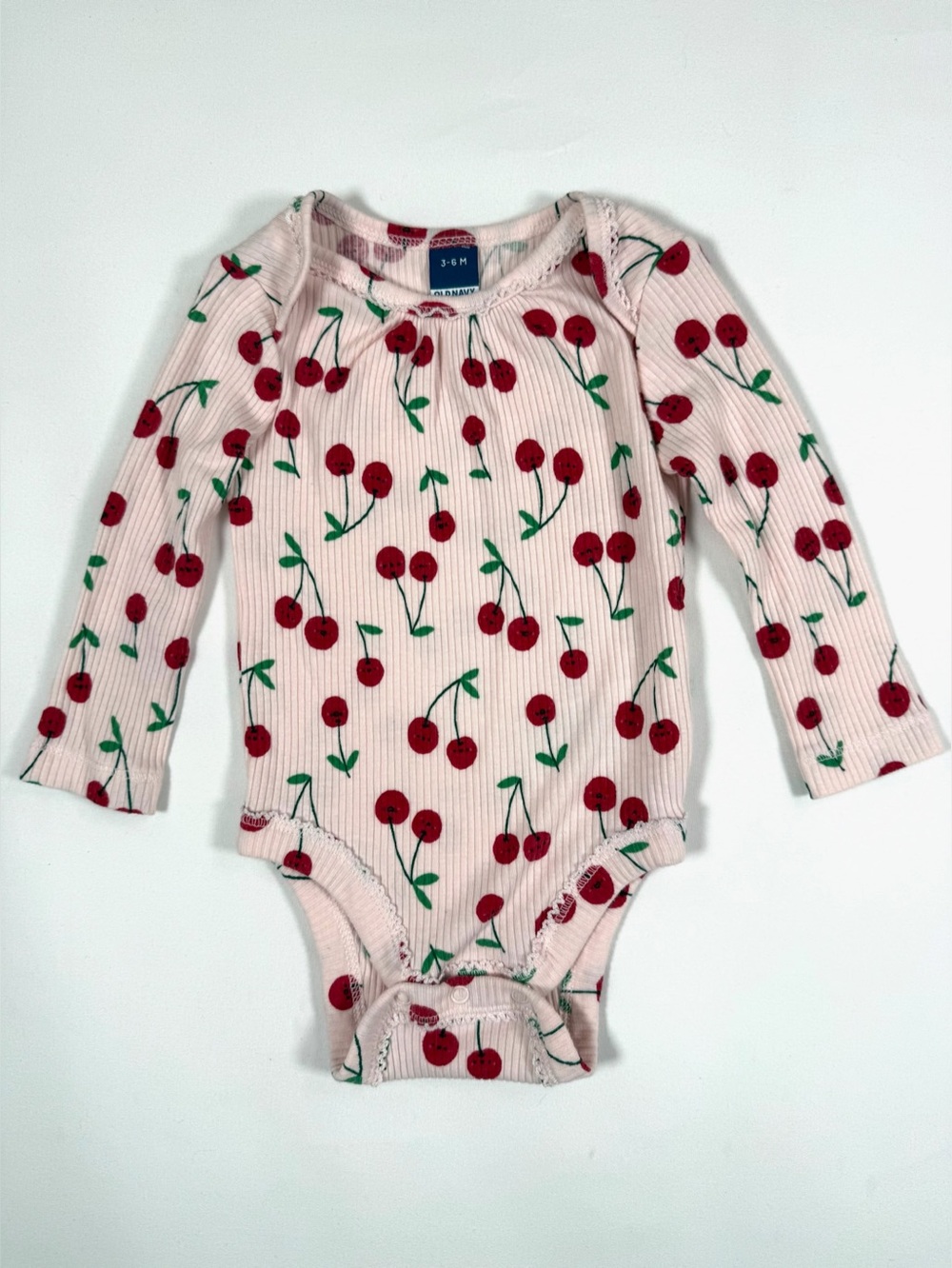 OLD NAVY Baby Cherry Print Ribbed Bodysuit Pink Long Sleeve Onesie 3-6 Months